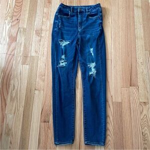 American Eagle Jeans Womens 8 Blue Curvy Super High Rise Jegging Distressed